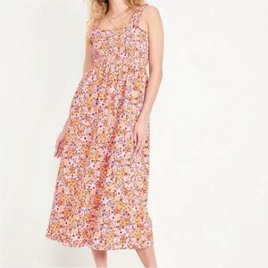 Old Navy Pink and Orange Floral Smocked Midi Dress